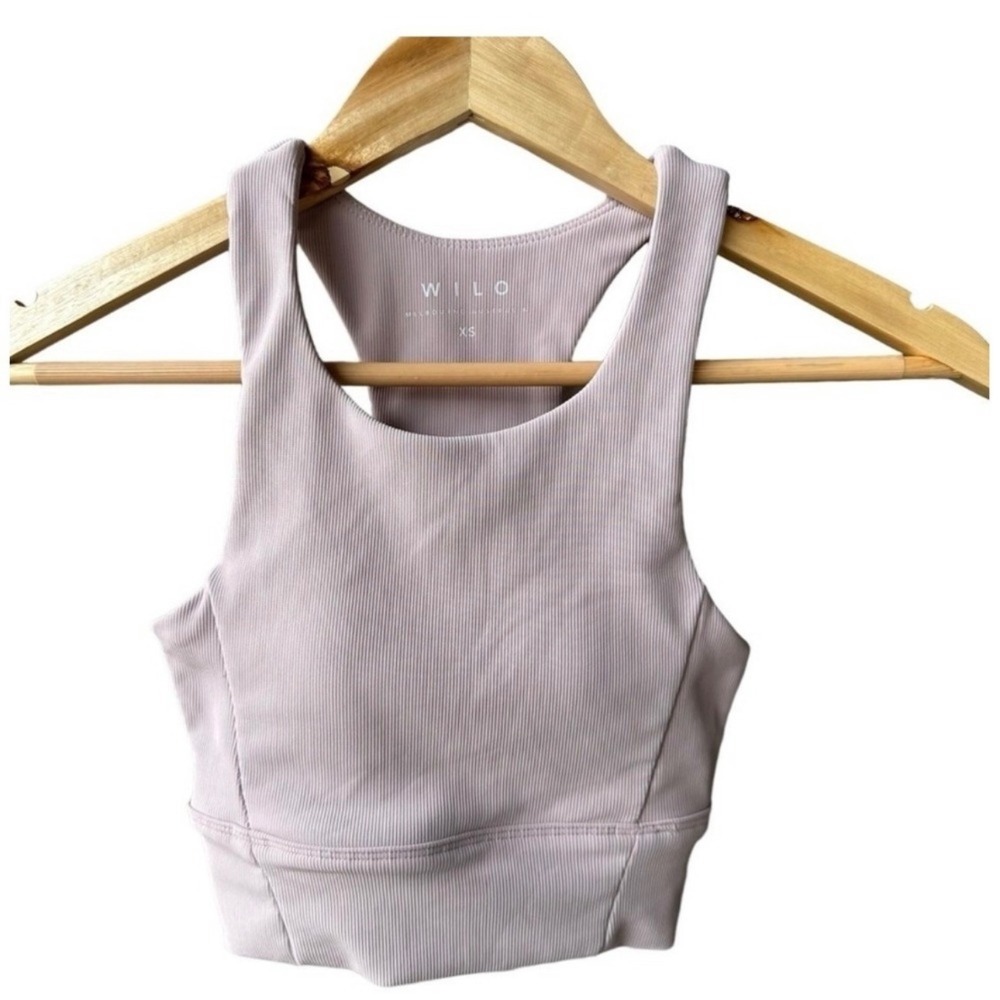 Wilo Sports Bra Crop Top Ribbed Racerback Dusty Lilac Mauve High Neck Cutout XS
